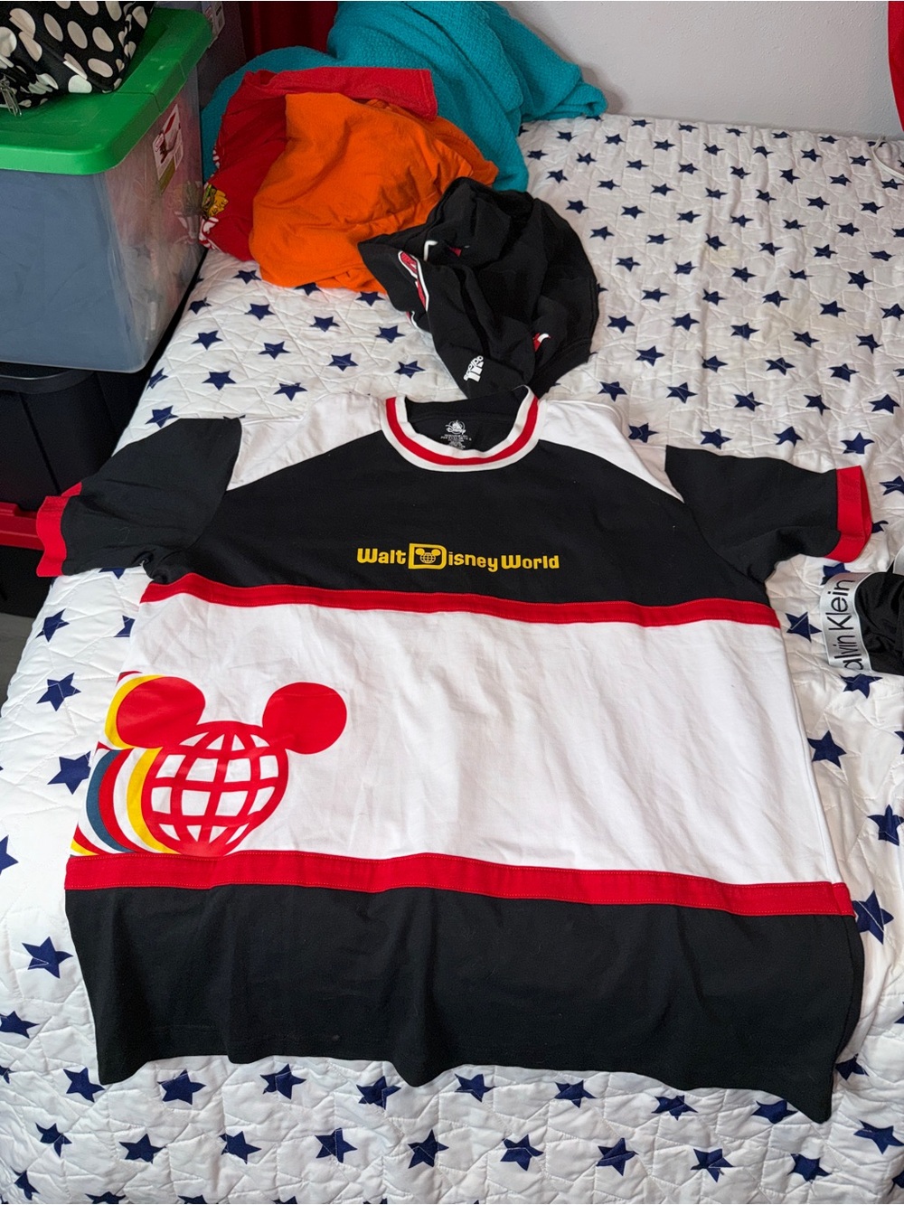 Disney Black White Red Colorblock Tee with Mickey Globe